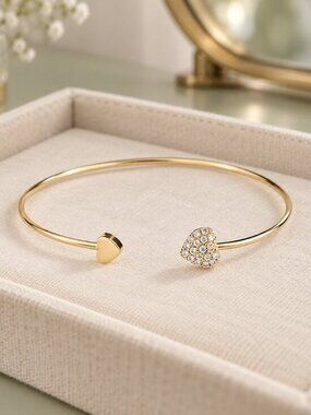 18K Gold Plated CZ Pave Heart Open Cuff Bracelet Adjustable New